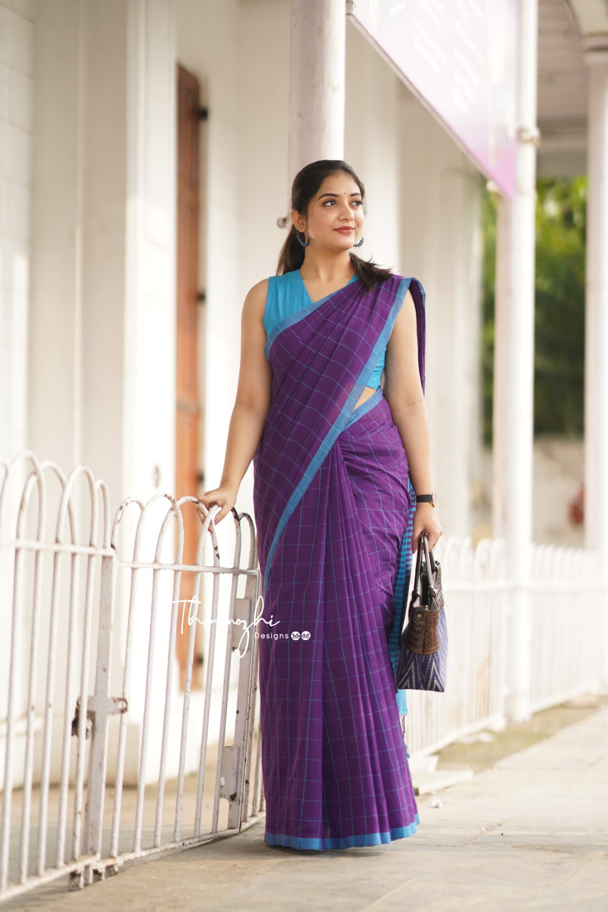 Purple & Blue (Checks) - Purple Mangalagiri Checked Cotton Saree