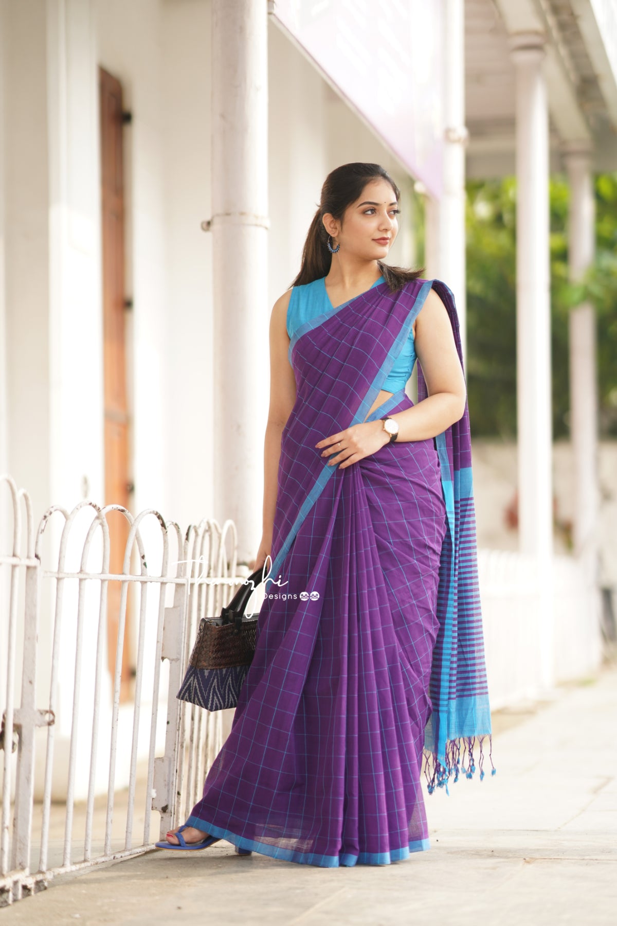 Purple & Blue Checks Mangalagiri Cotton Saree