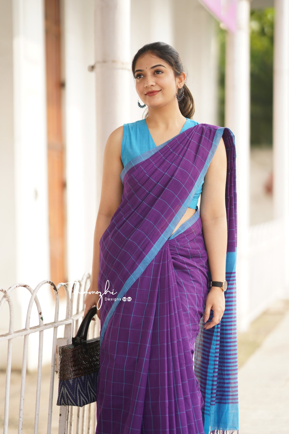 Purple & Blue Checks Mangalagiri Cotton Saree