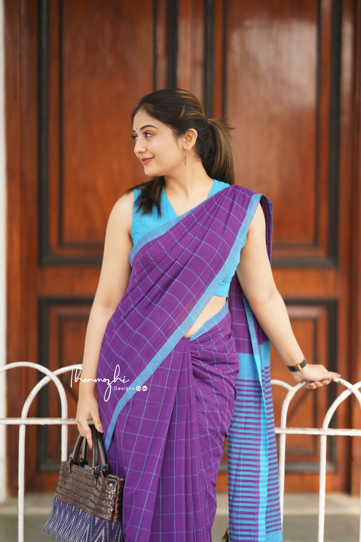 Purple & Blue Checks Mangalagiri Cotton Saree