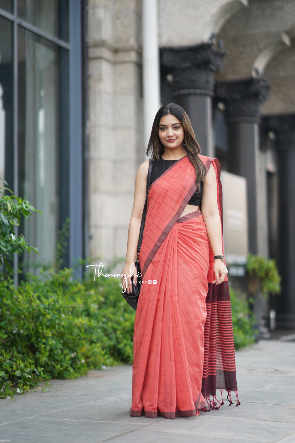 Coral & Black Checks Mangalagiri Cotton Saree