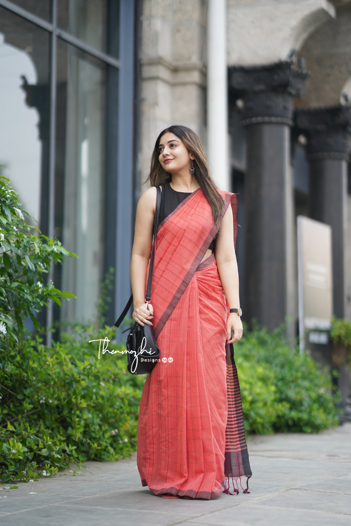 Coral & Black Checks Mangalagiri Cotton Saree