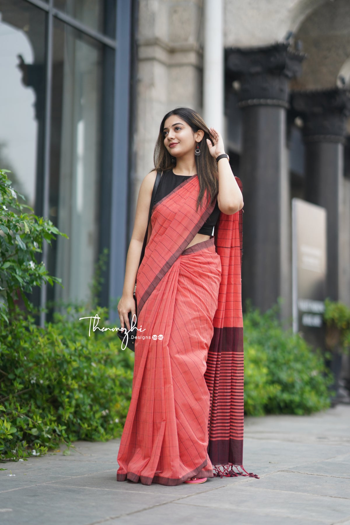 Coral & Black Checks Mangalagiri Cotton Saree