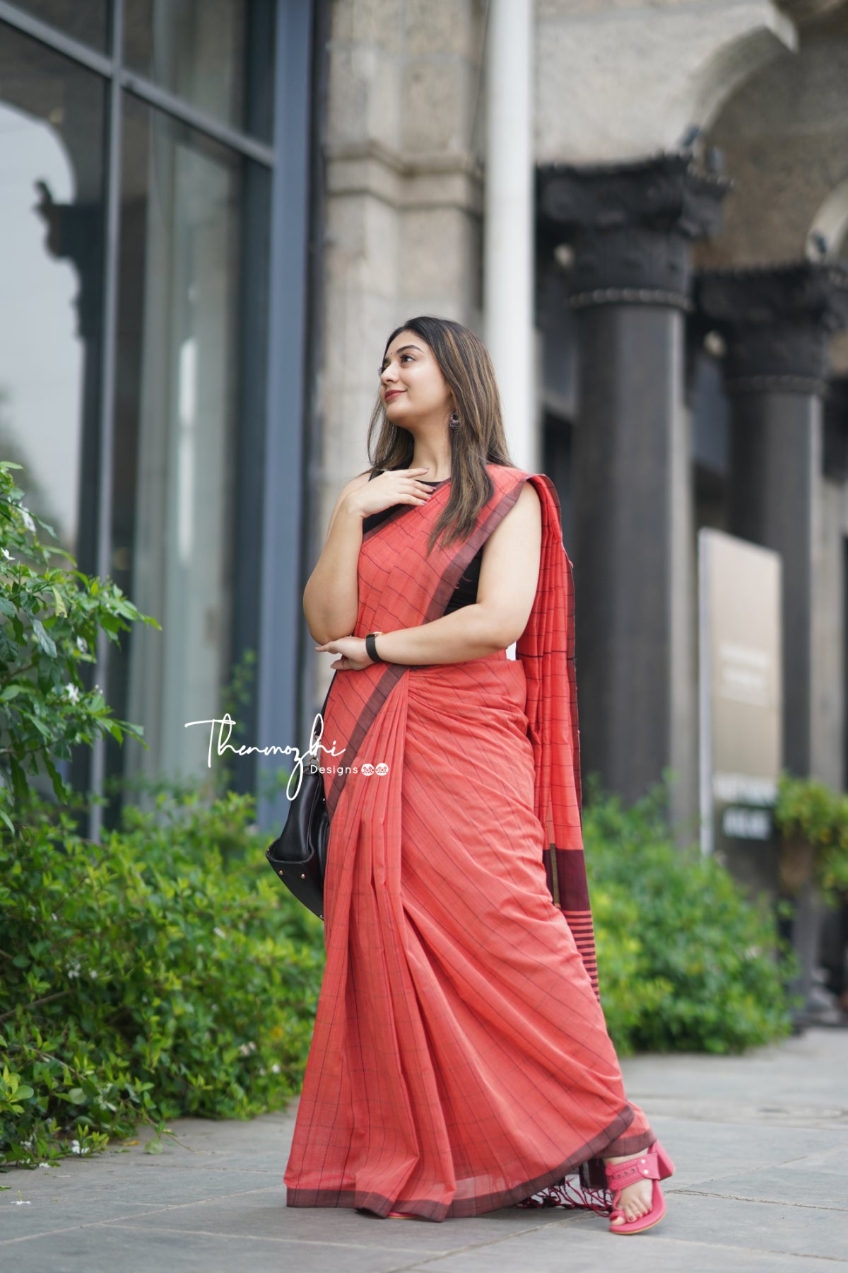 Coral & Black Checks Mangalagiri Cotton Saree