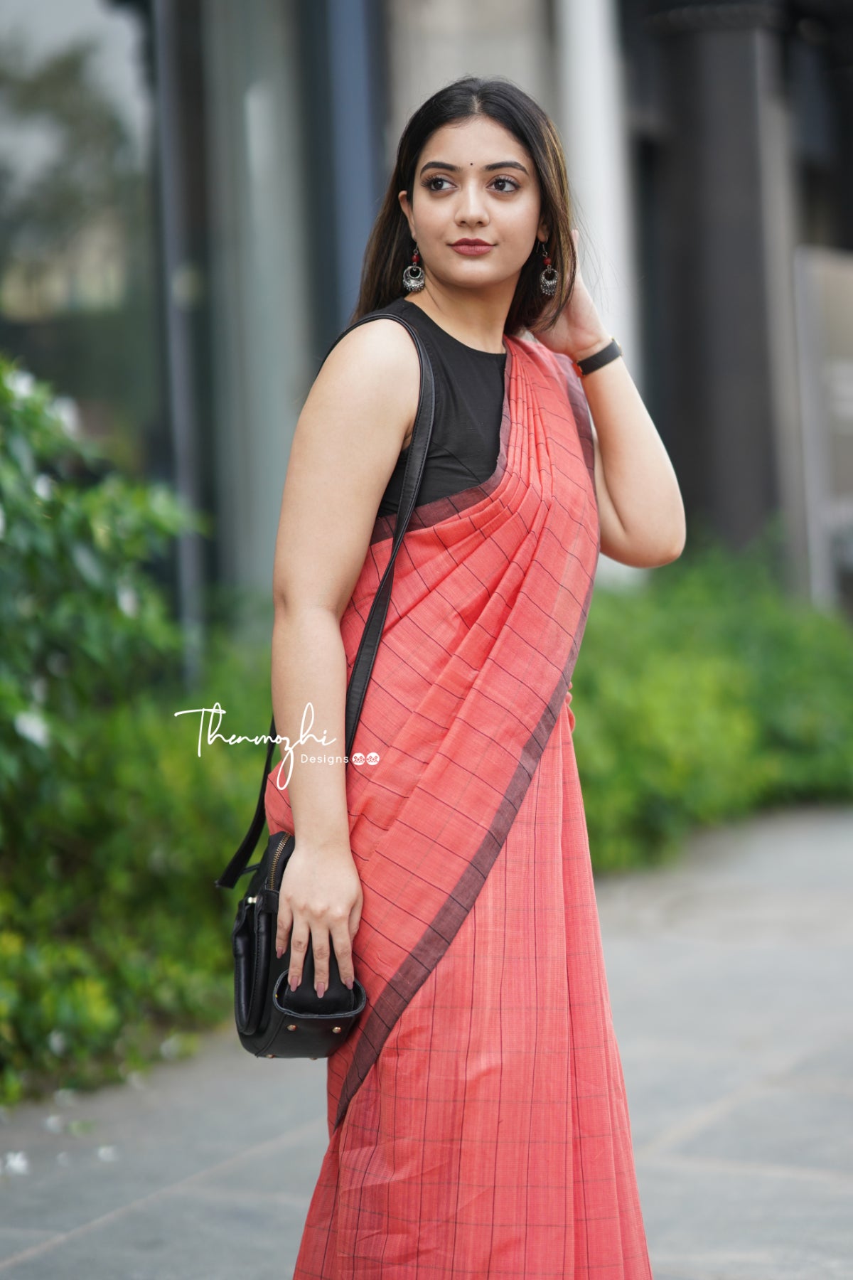 Coral & Black Checks Mangalagiri Cotton Saree