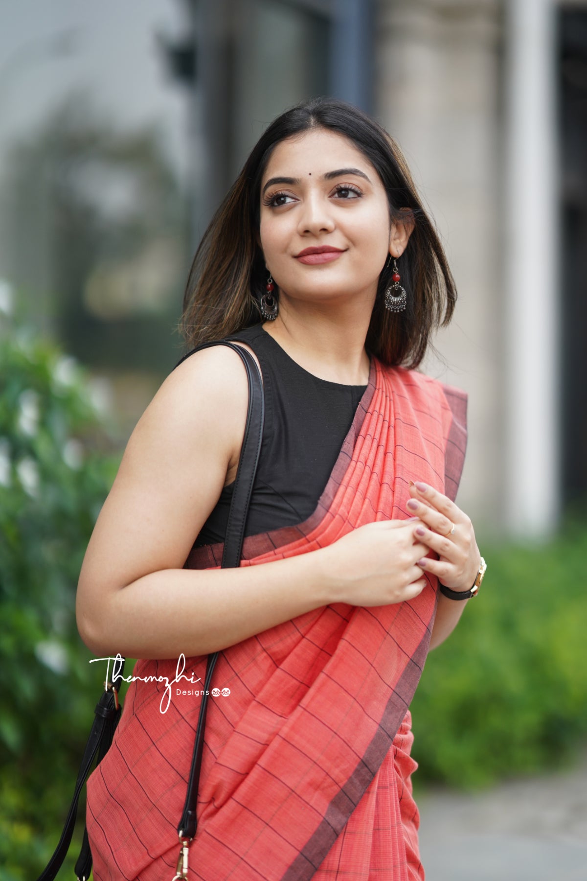 Coral & Black Checks Mangalagiri Cotton Saree