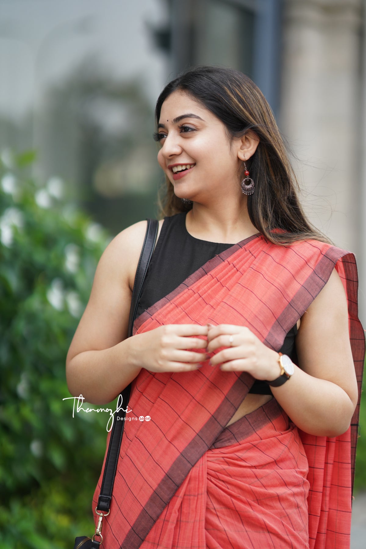 Coral & Black Checks Mangalagiri Cotton Saree