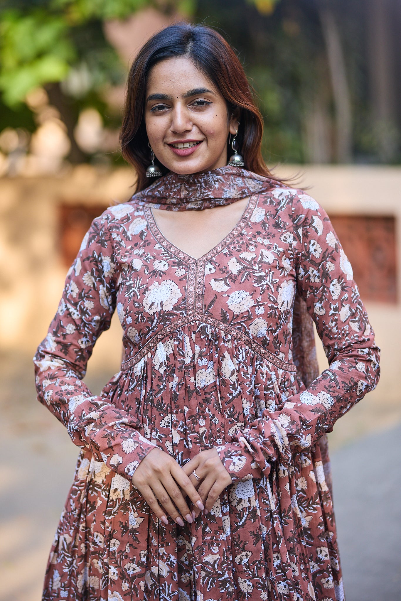 Dark Caramel Floral Block Printed Alia Cut Cotton salwar Suit with Kota Dupatta