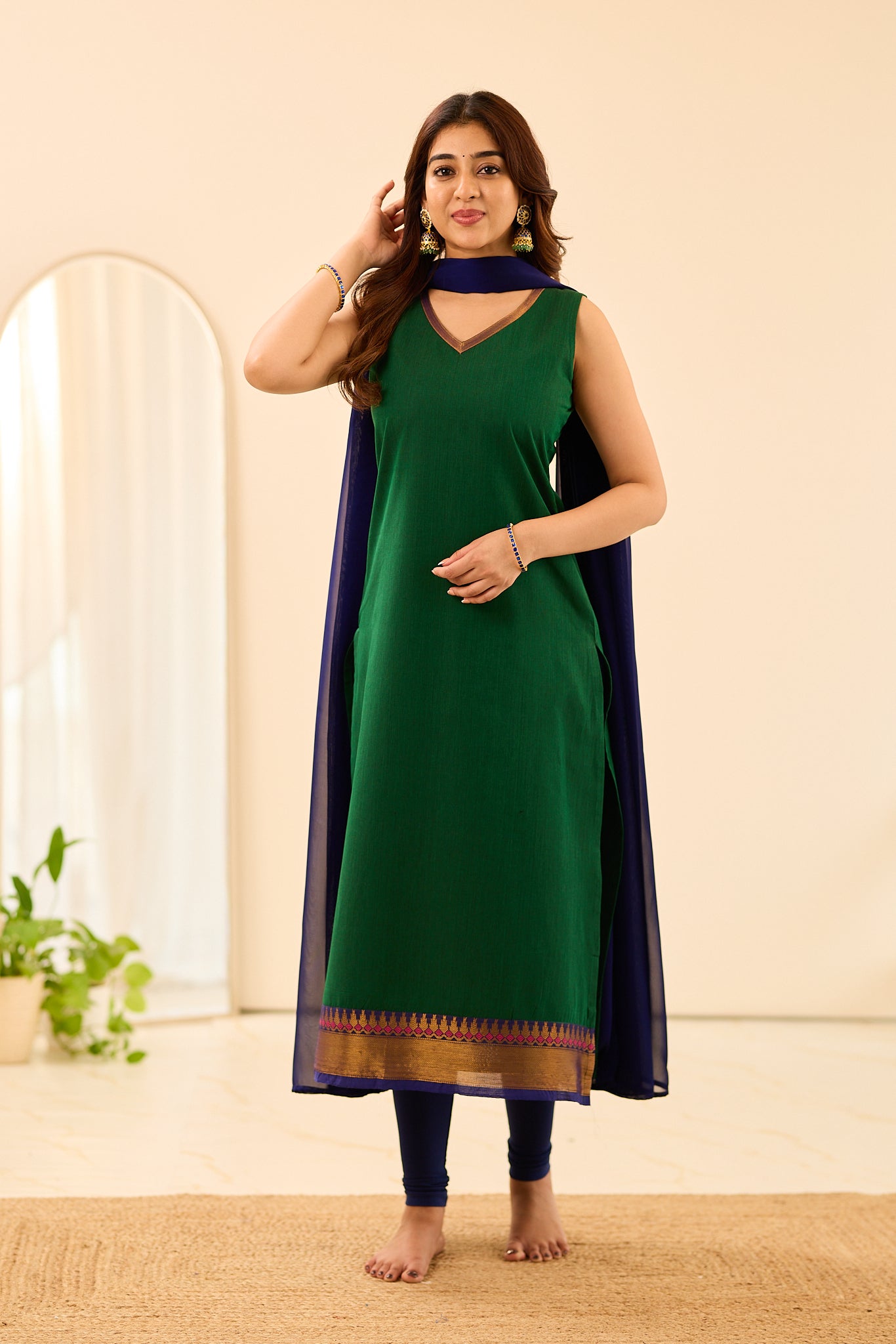 Dark Green with Blue Border Sleeveless Chettinad Cotton Salwar