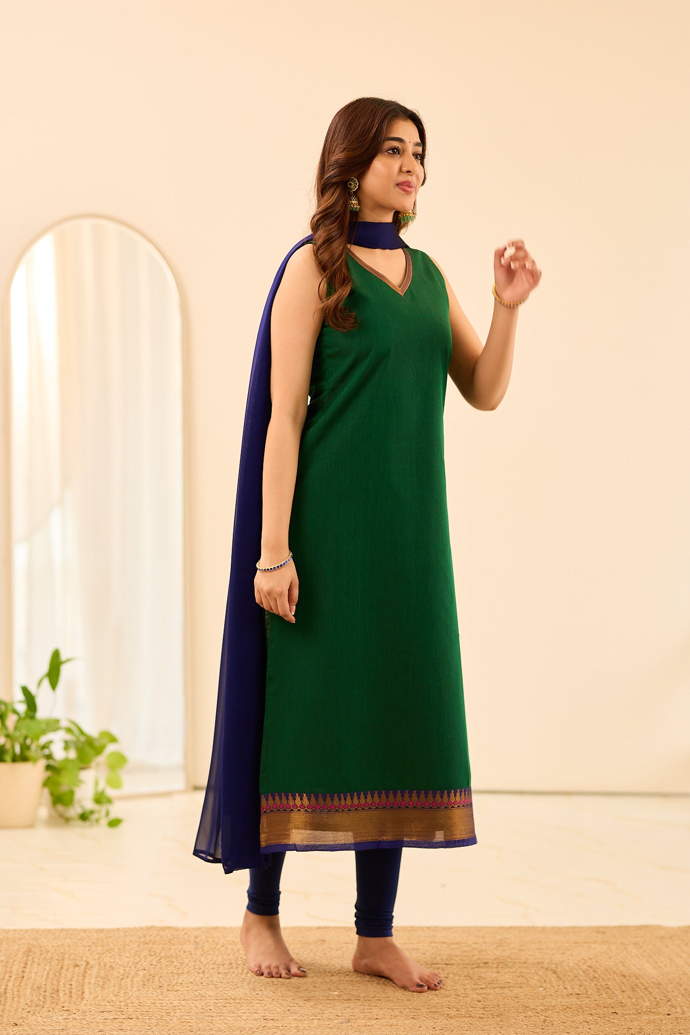 Dark Green with Blue Border Sleeveless Chettinad Cotton Salwar