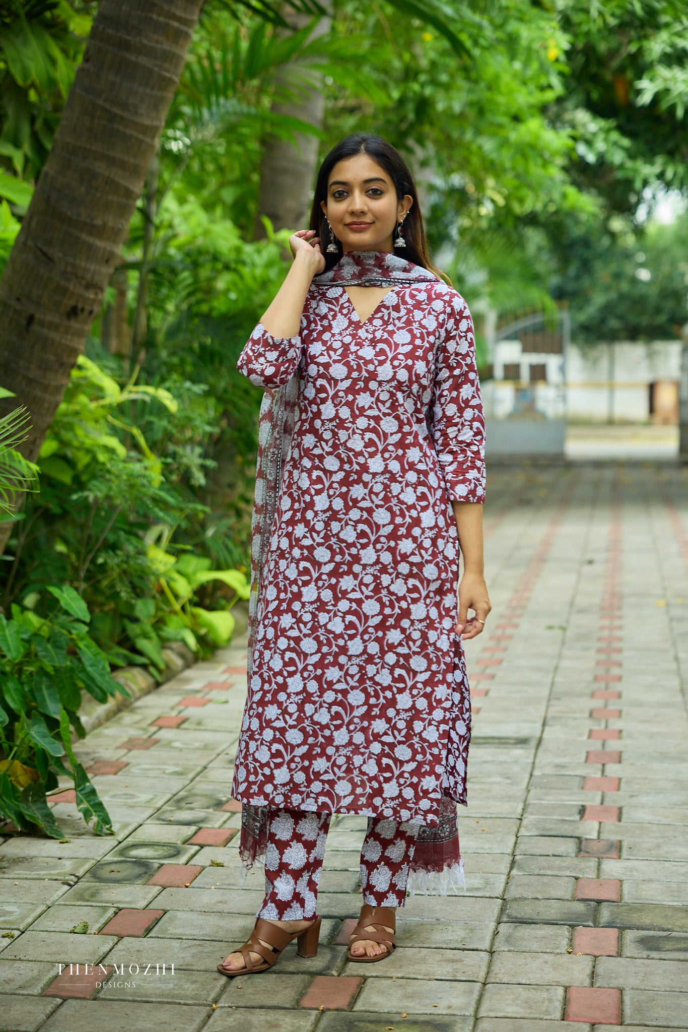 Dark maroon Floral Block Printed Cotton Suit Set with Kota Dupatta