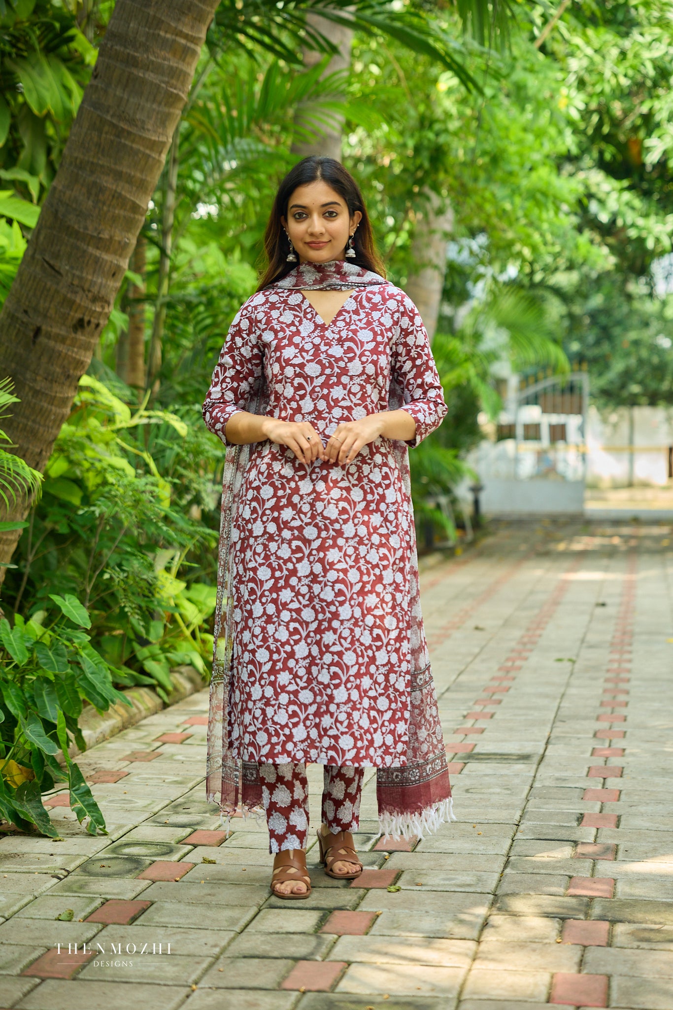 Dark maroon Floral Block Printed Cotton Suit Set with Kota Dupatta