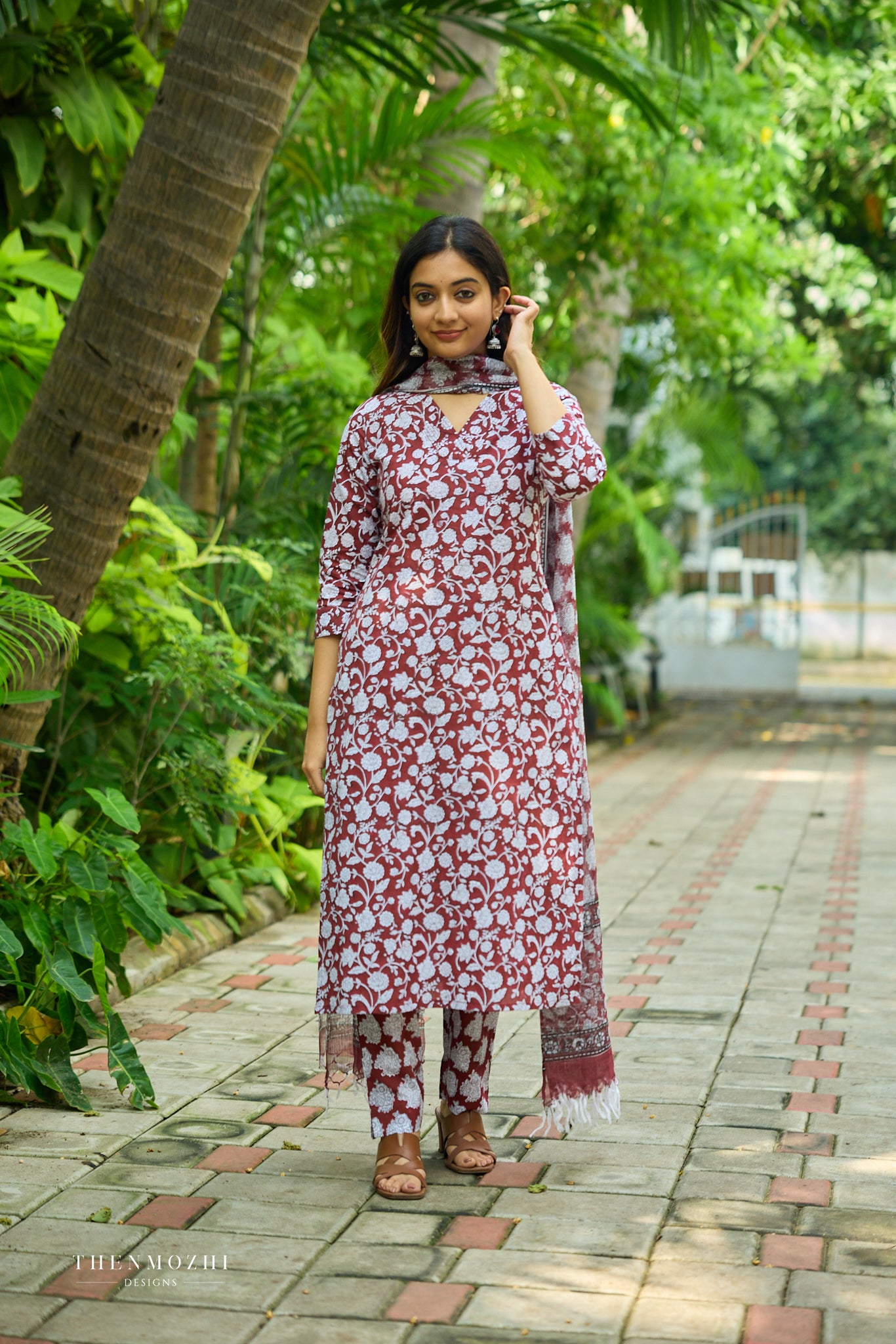 Dark maroon Floral Block Printed Cotton Suit Set with Kota Dupatta