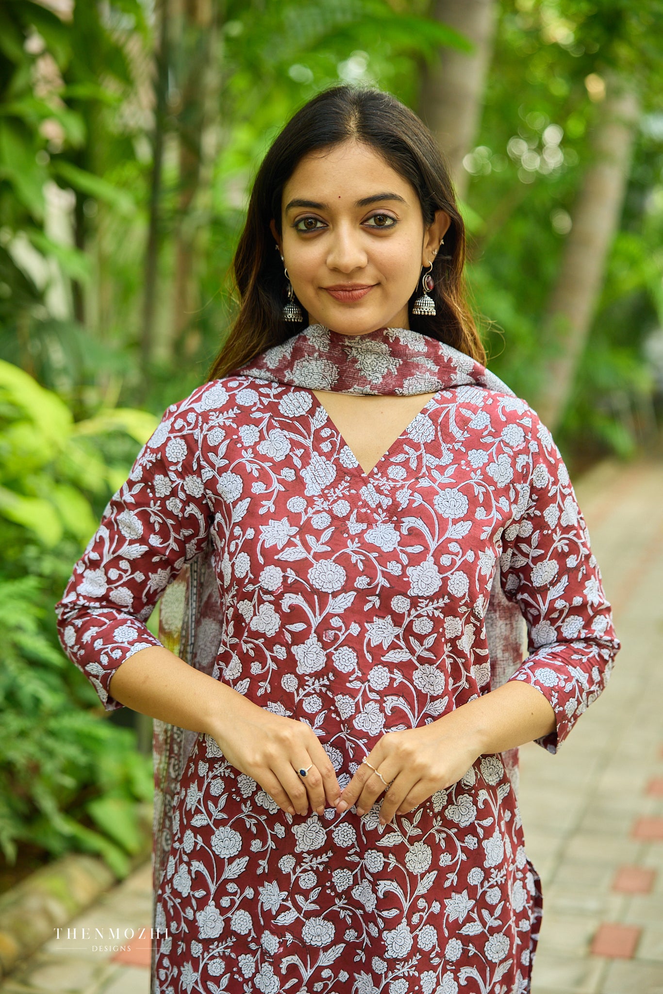 Dark maroon Floral Block Printed Cotton Suit Set with Kota Dupatta