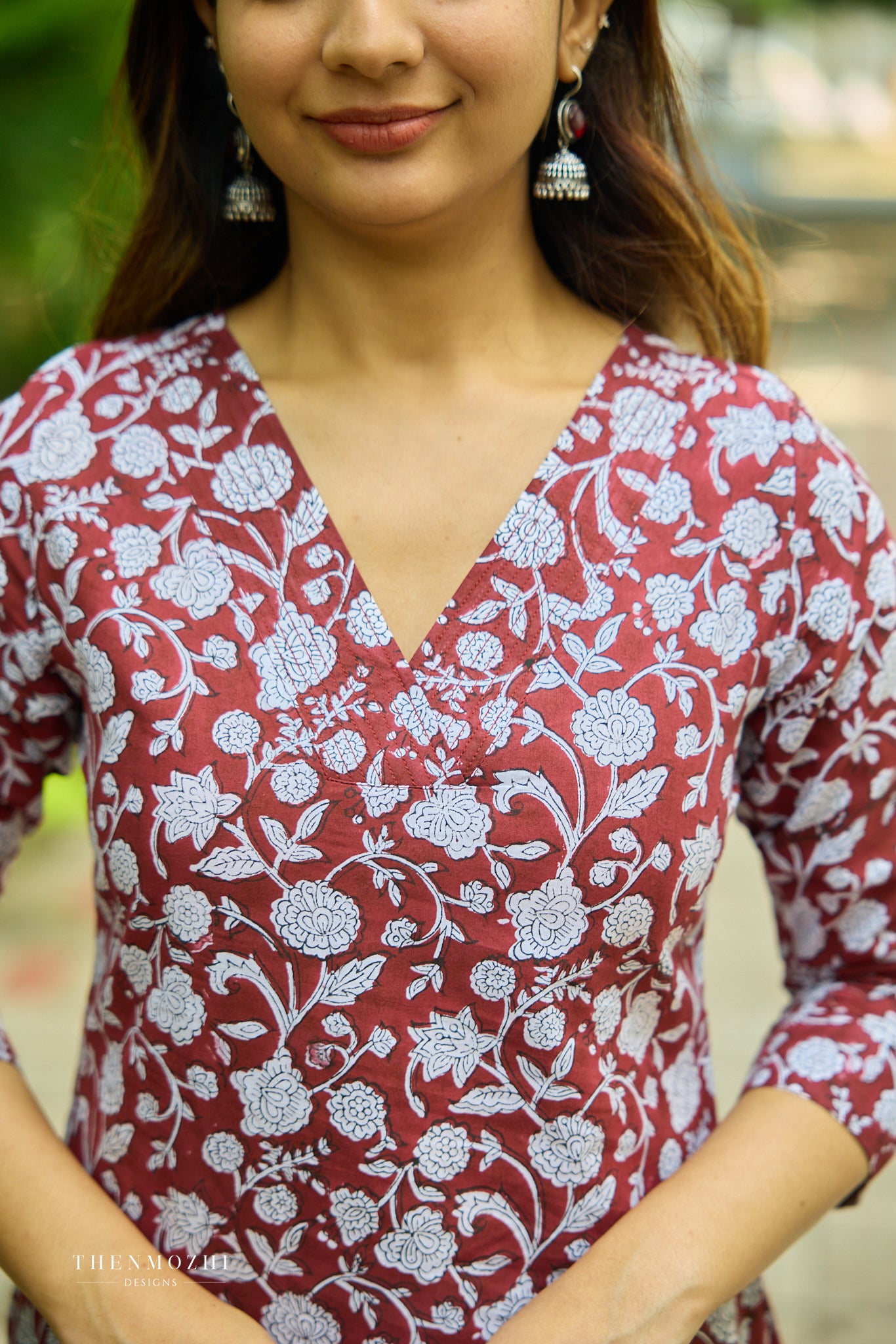 Dark maroon Floral Block Printed Cotton Suit Set with Kota Dupatta