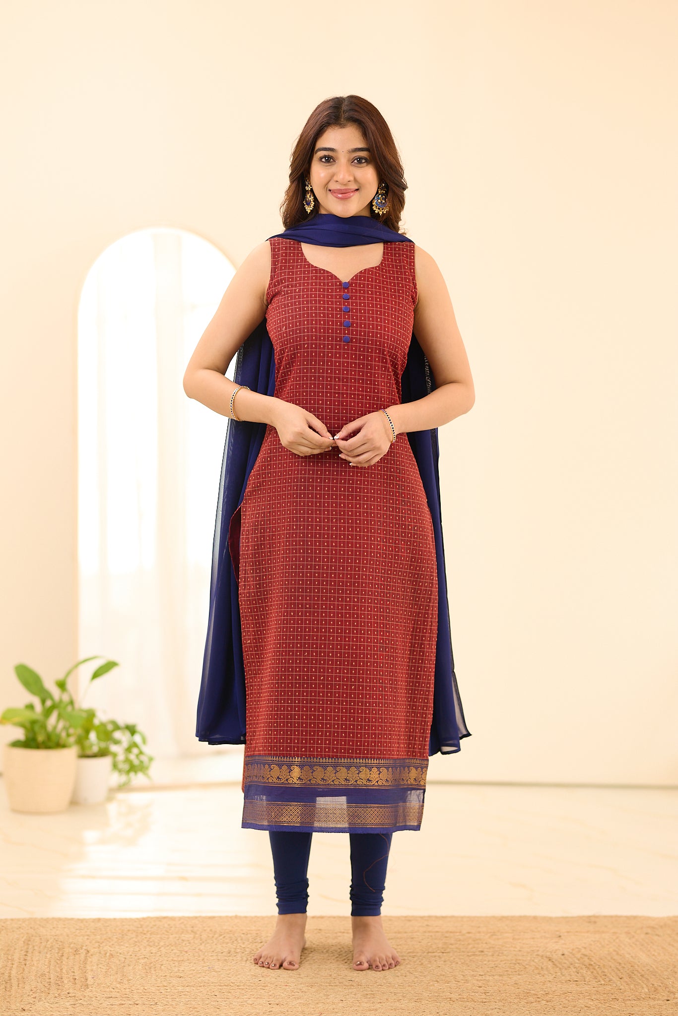 Dark Rust Maroon with Blue Border Chettinad Cotton Salwar