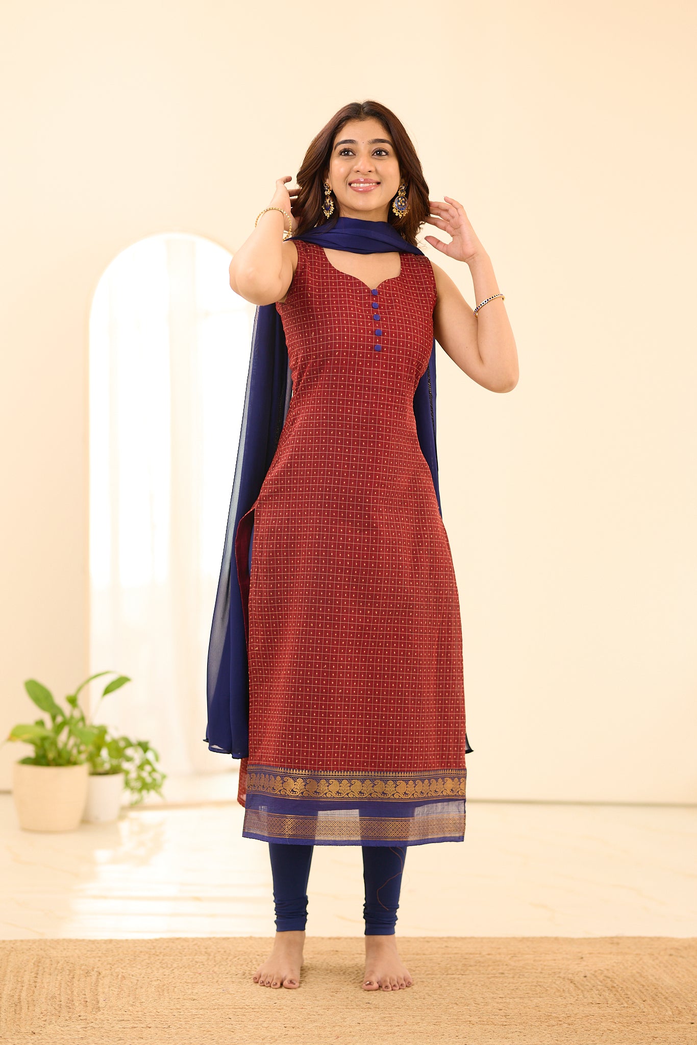Dark Rust Maroon with Blue Border Chettinad Cotton Salwar