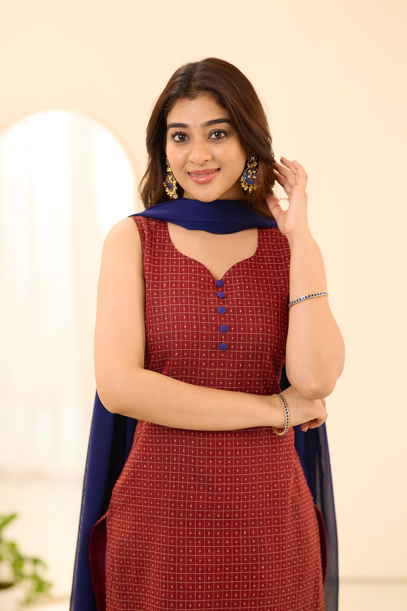 Dark Rust Maroon with Blue Border Chettinad Cotton Salwar
