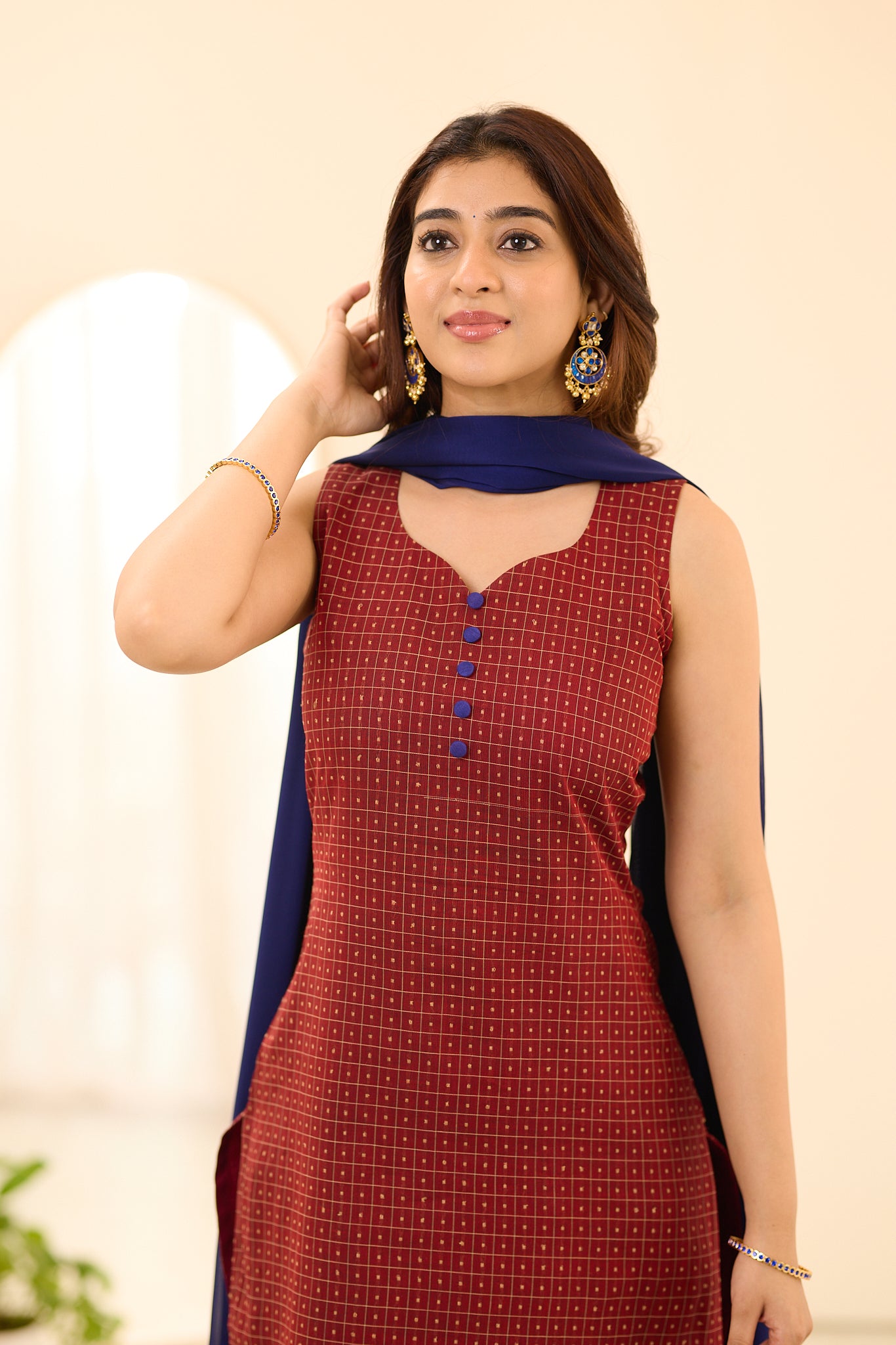Dark Rust Maroon with Blue Border Chettinad Cotton Salwar