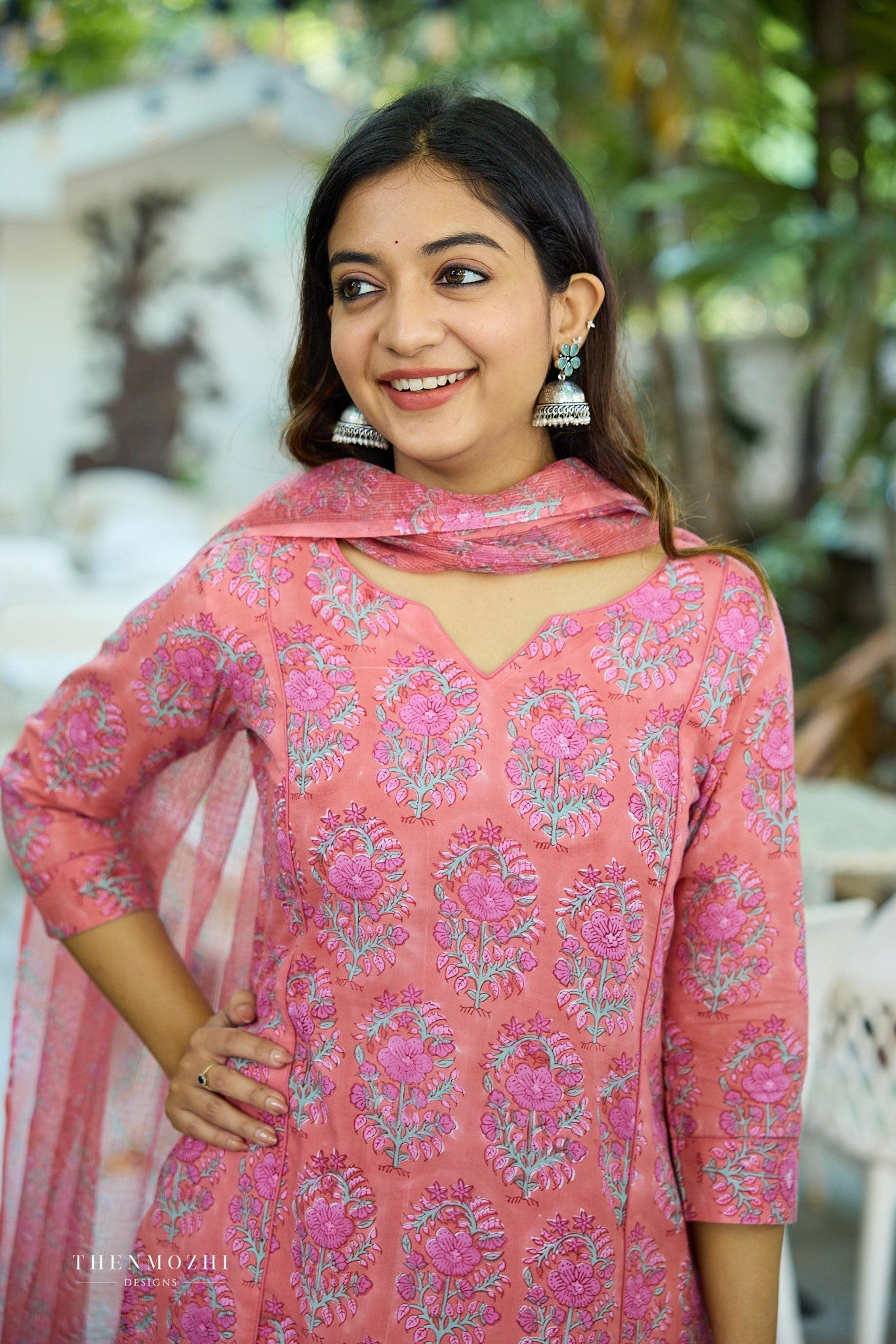 Dark peach Floral Block Printed Cotton Suit Set with Kota Dupatta