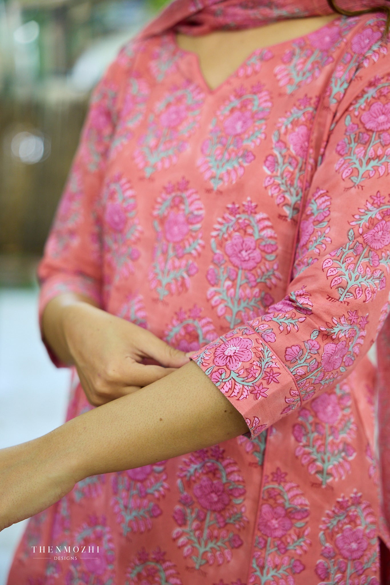 Dark peach Floral Block Printed Cotton Suit Set with Kota Dupatta