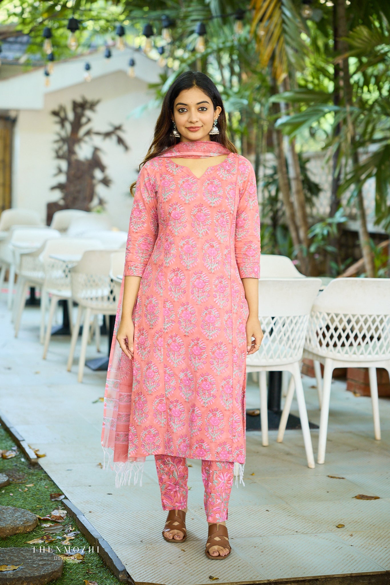 Dark peach Floral Block Printed Cotton Suit Set with Kota Dupatta