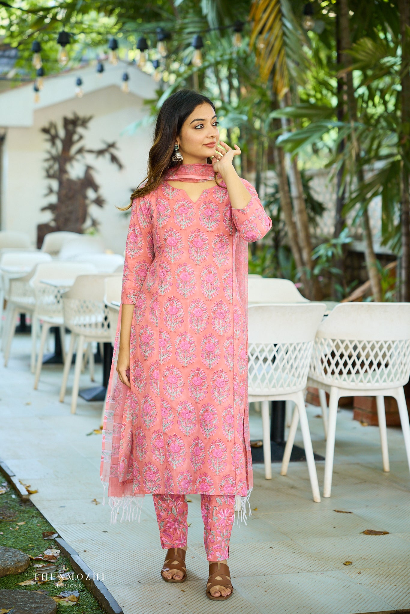 Dark peach Floral Block Printed Cotton Suit Set with Kota Dupatta