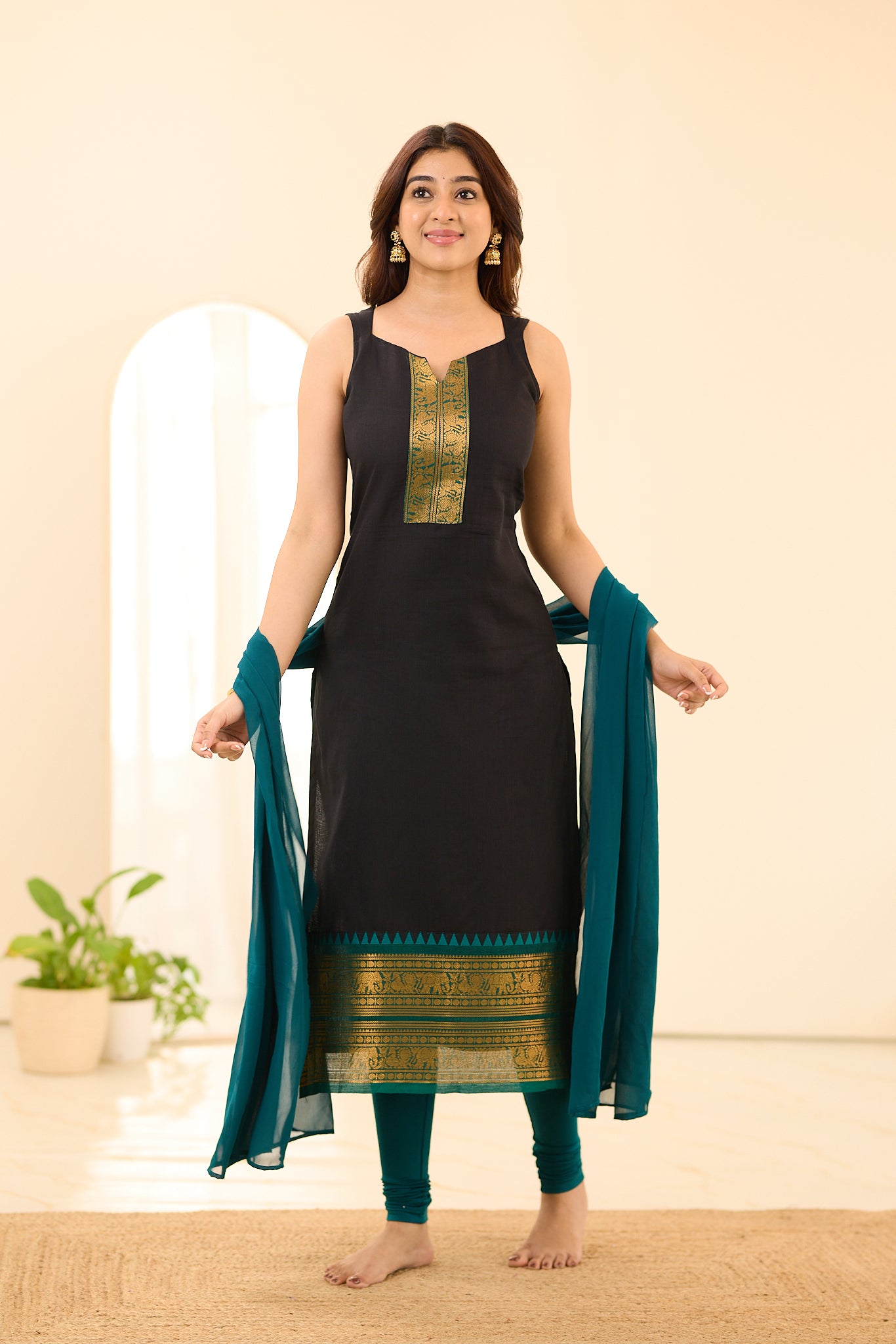 Deep Black with Emerald Green Border Chettinad Cotton Salwar