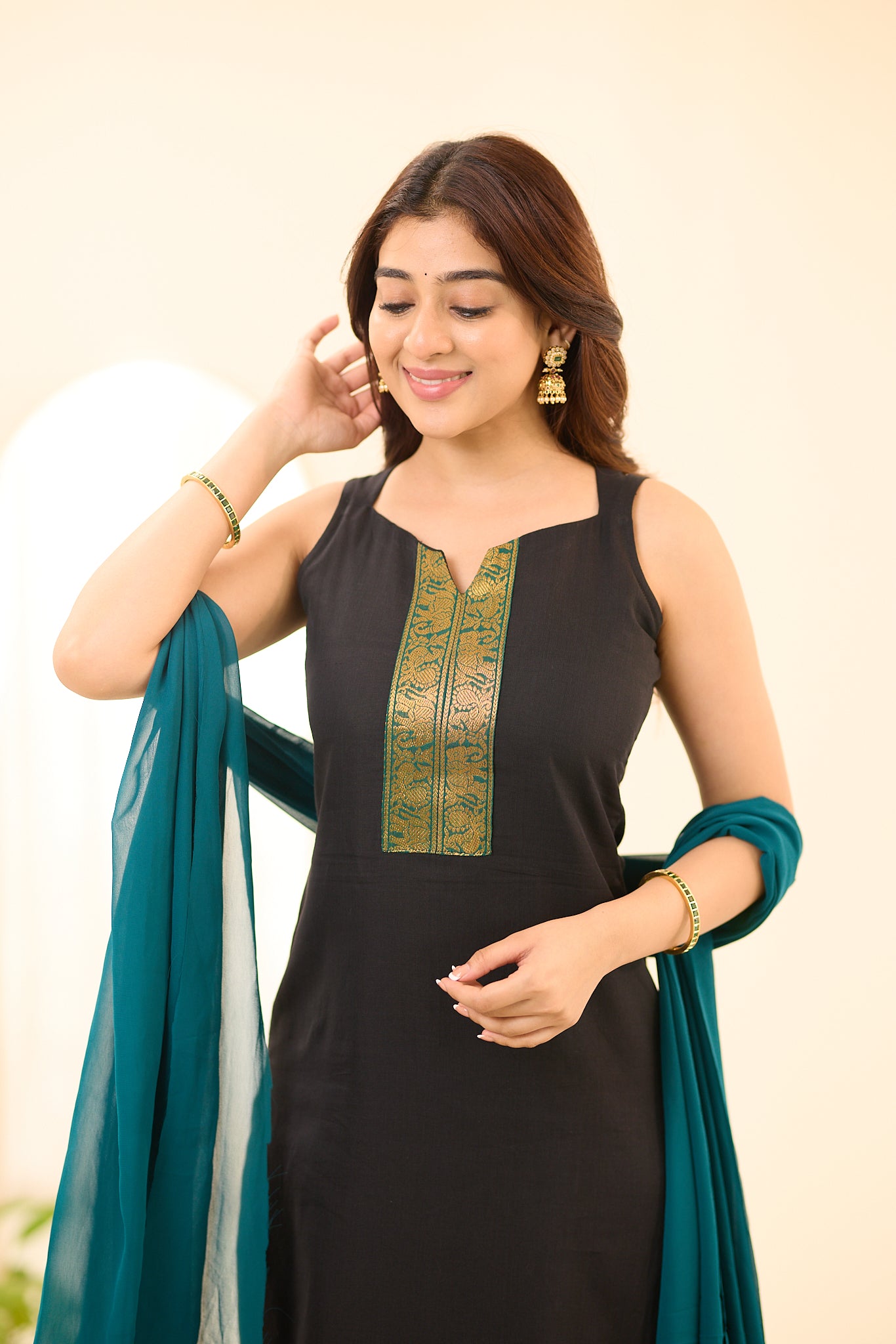 Deep Black with Emerald Green Border Chettinad Cotton Salwar