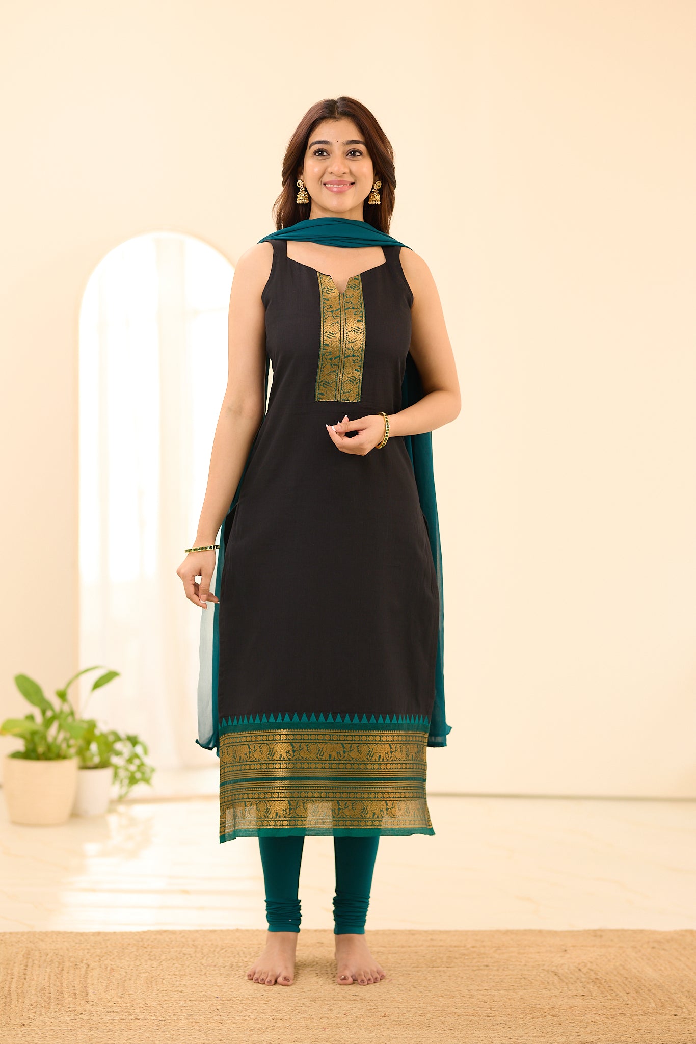 Deep Black with Emerald Green Border Chettinad Cotton Salwar