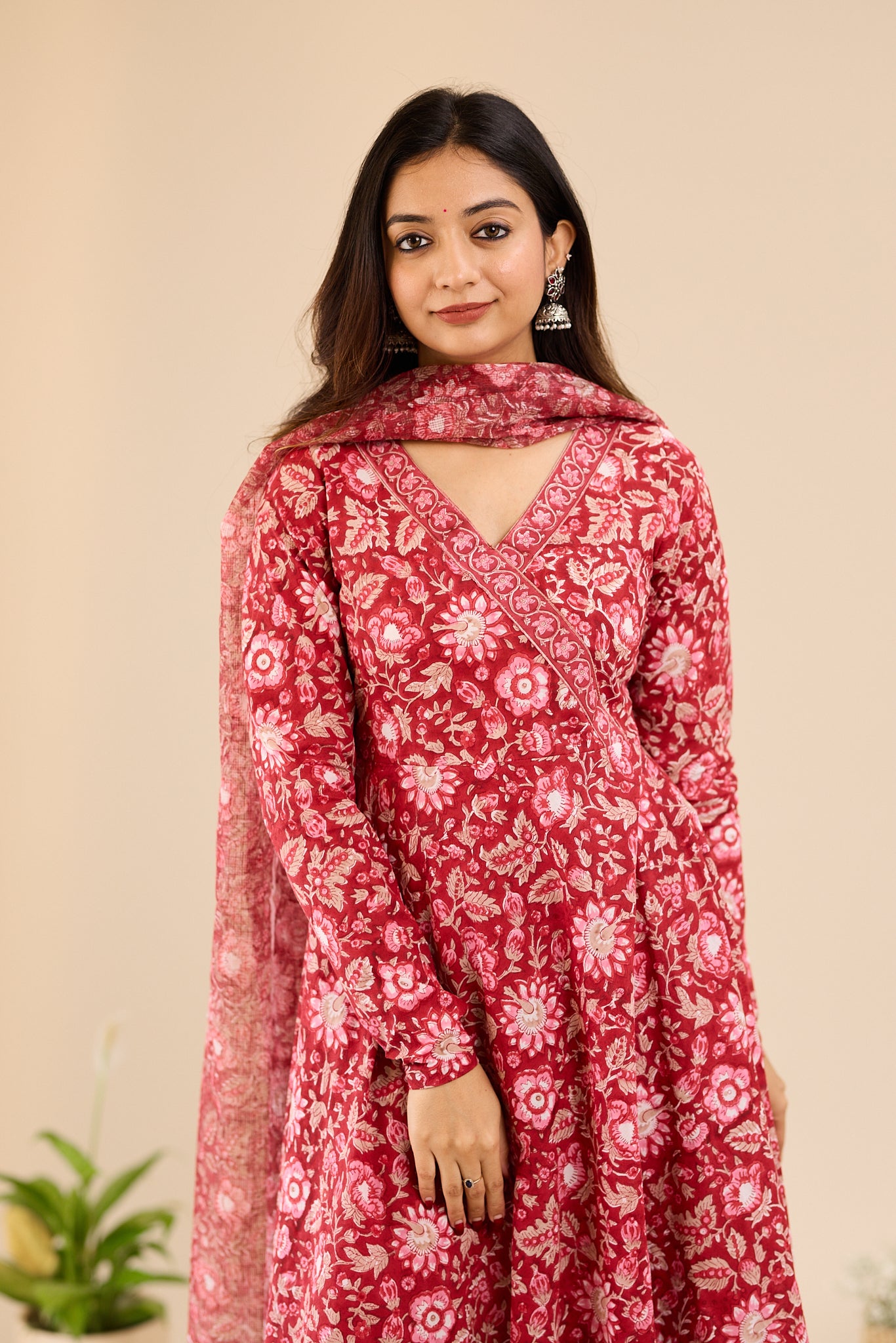 Deep Crimson Red Floral Anarkali Salwar Suit- Set with Kota Dupatta