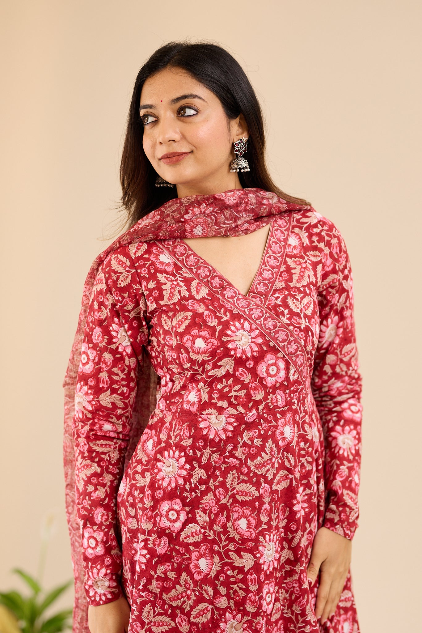 Deep Crimson Red Floral Anarkali Salwar Suit- Set with Kota Dupatta