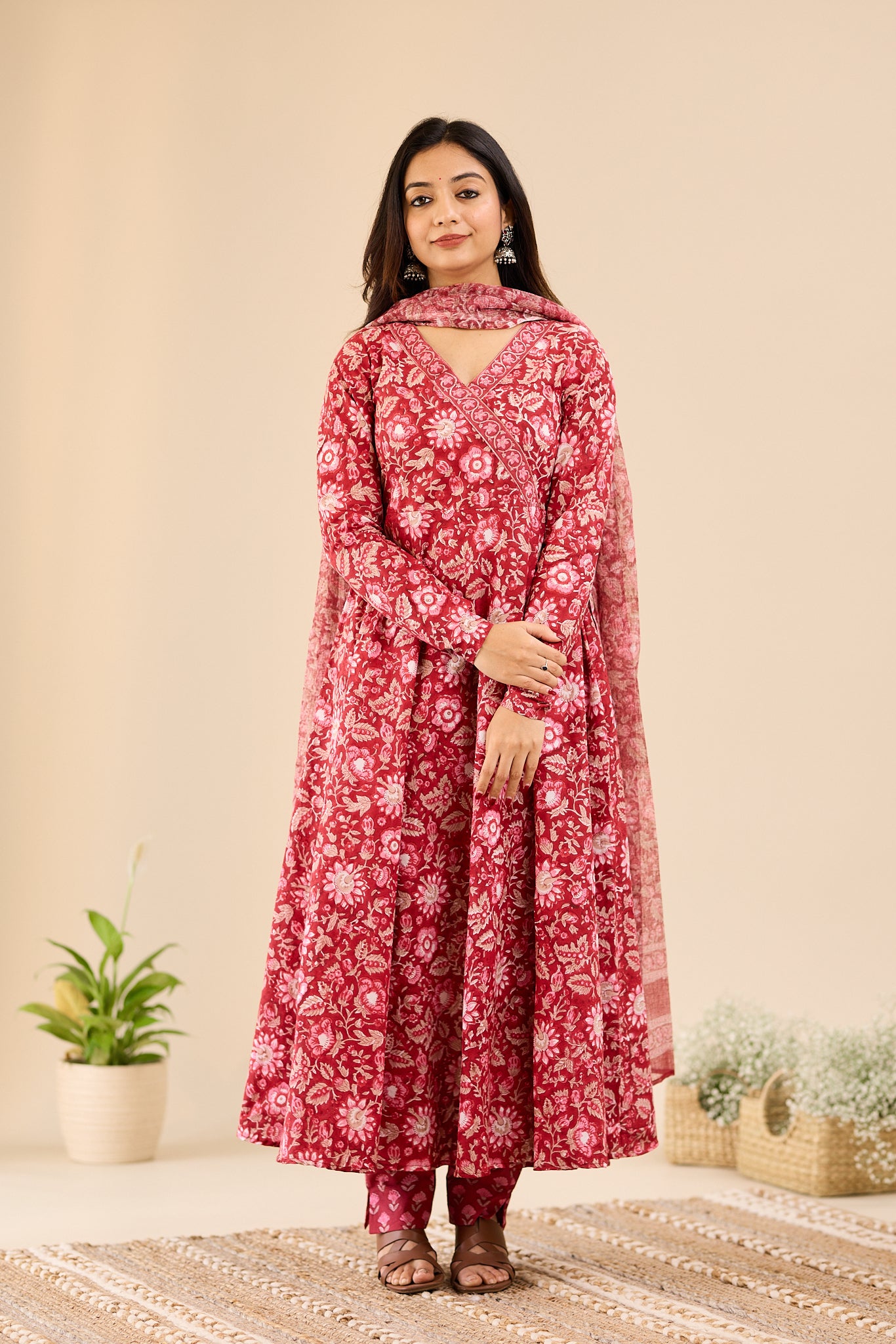 Deep Crimson Red Floral Anarkali Salwar Suit- Set with Kota Dupatta