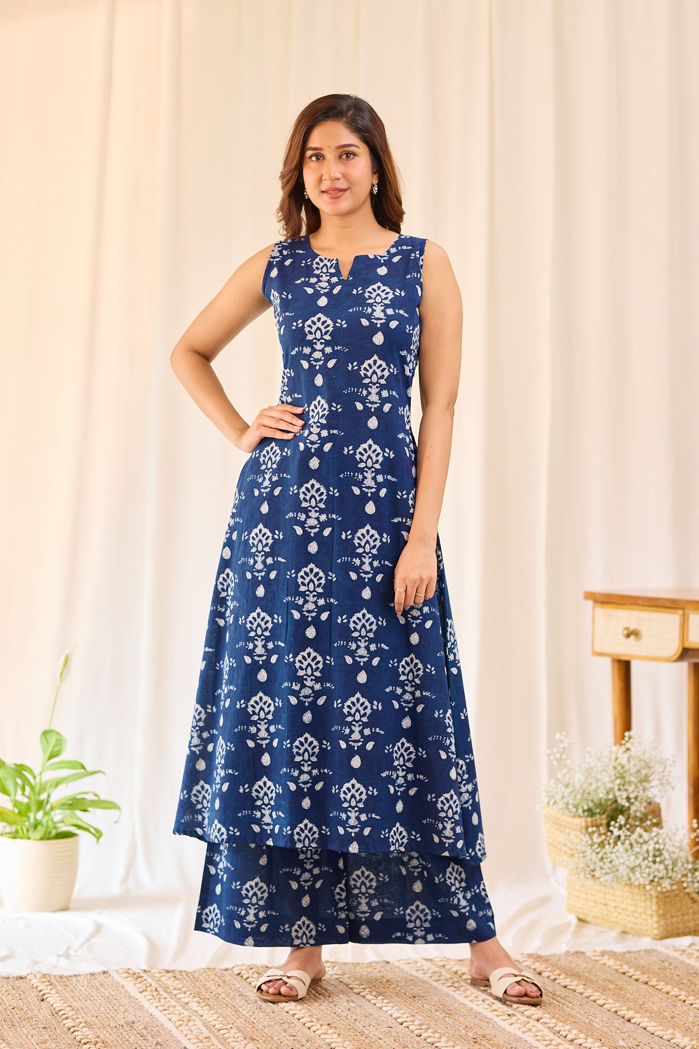 Deep Indigo Blue Floral Hand-block Printed Sleevless Co-ord Set