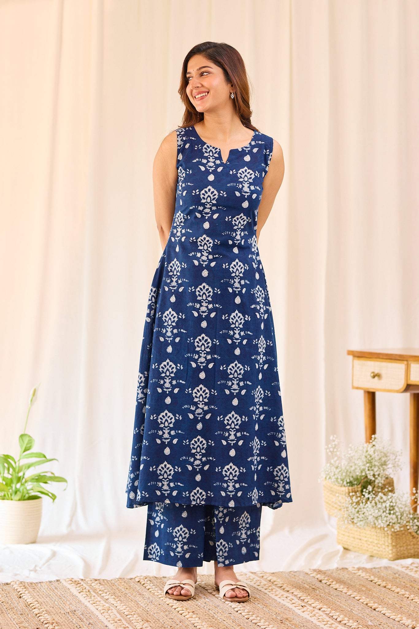Deep Indigo Blue Floral Hand-block Printed Sleevless Co-ord Set