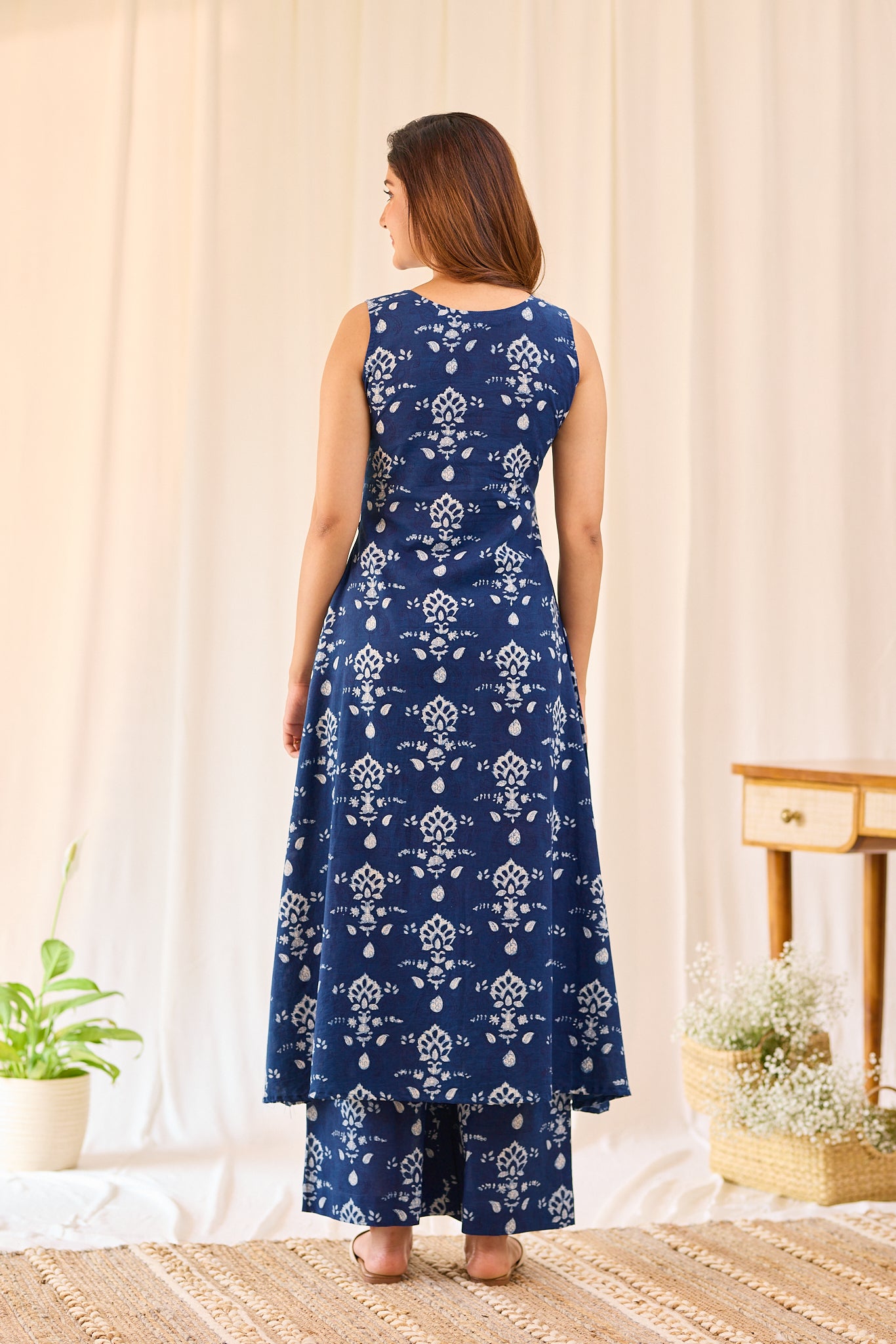 Deep Indigo Blue Floral Hand-block Printed Sleevless Co-ord Set