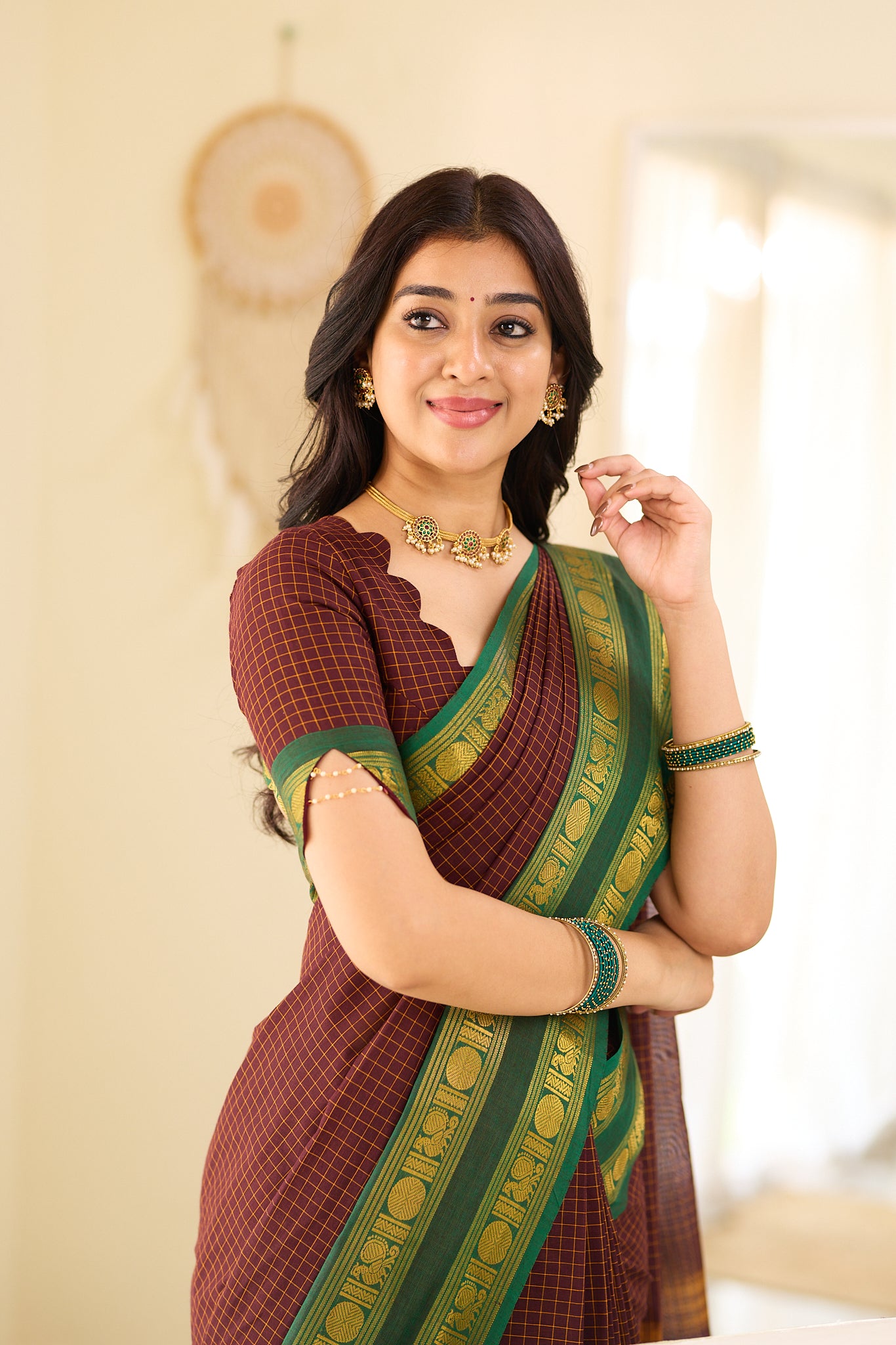 Deep Coffee Brown Checked Chettinad Cotton Saree