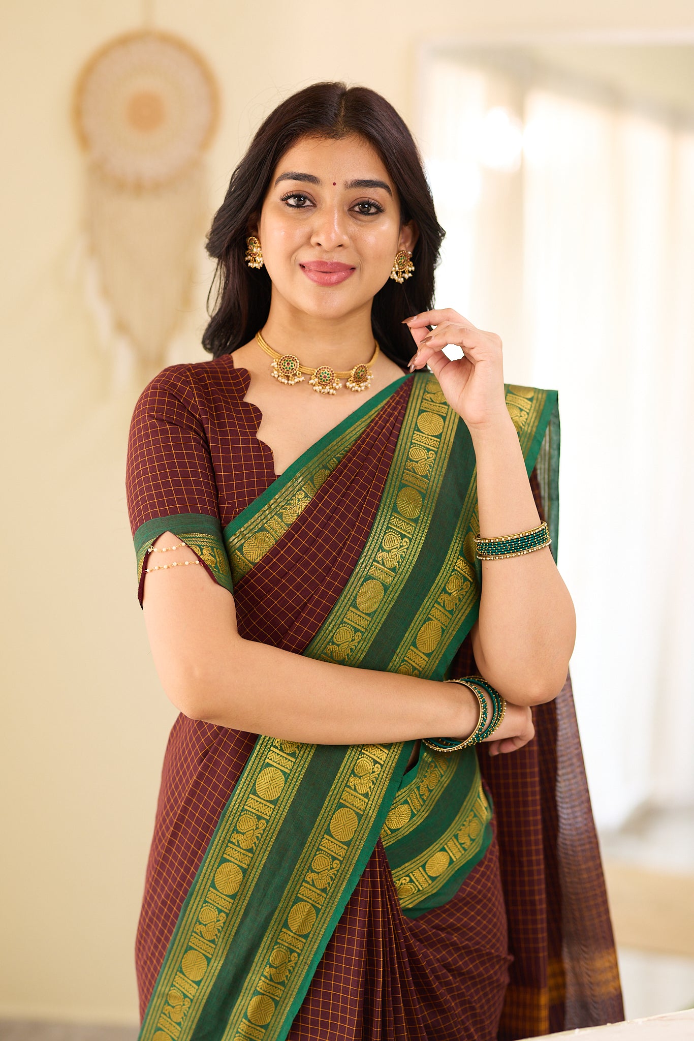 Deep Coffee Brown Checked Chettinad Cotton Saree