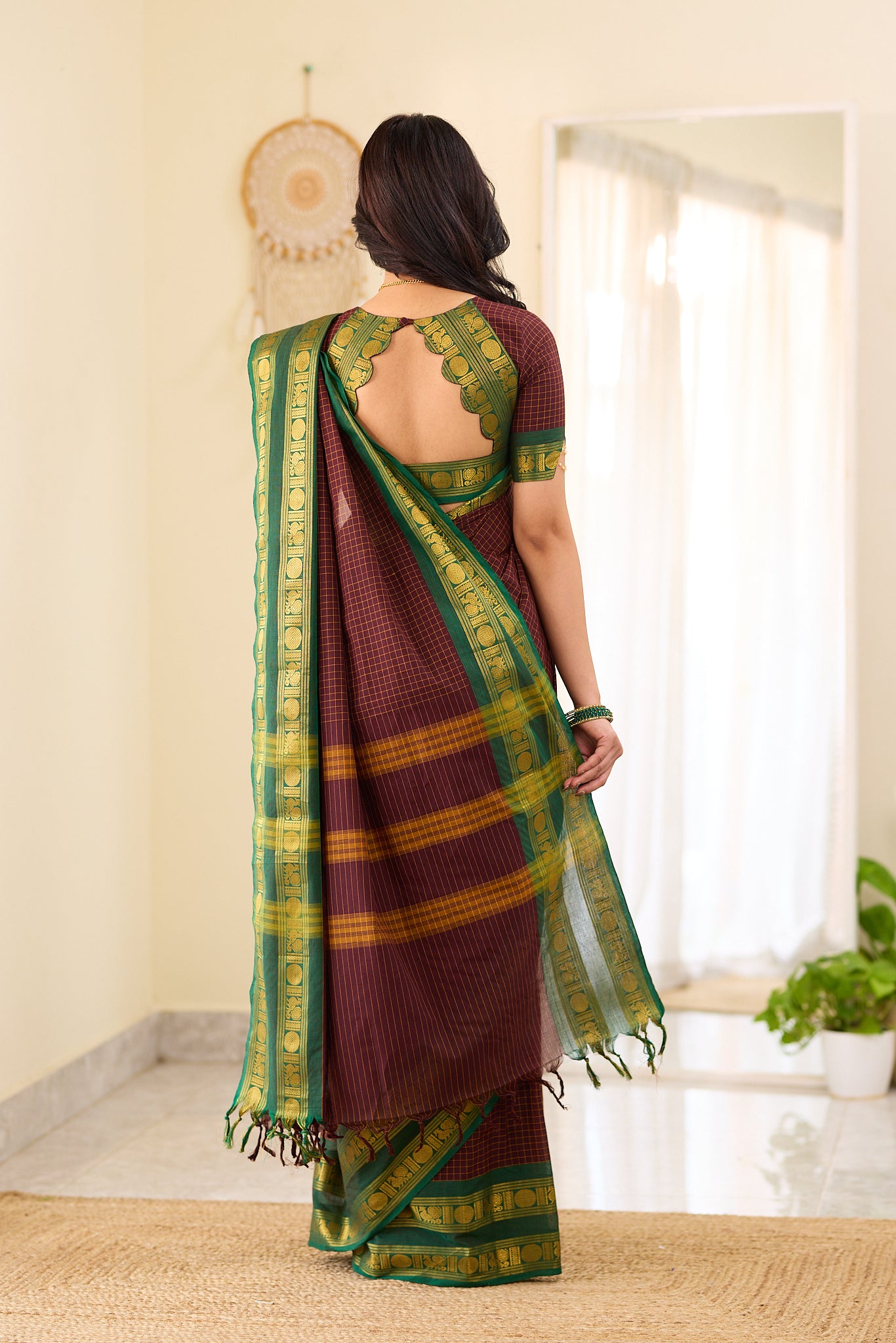 Deep Coffee Brown Checked Chettinad Cotton Saree