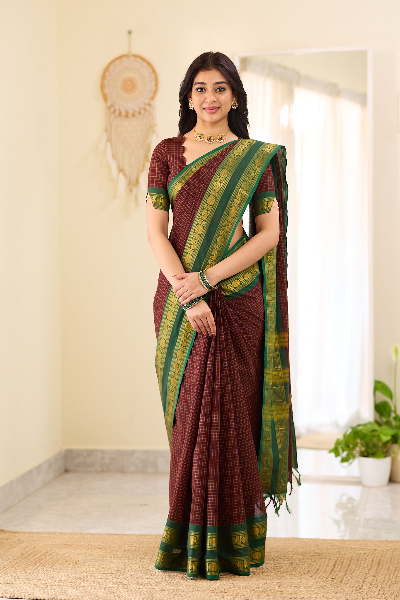 Deep Coffee Brown Checked Chettinad Cotton Saree