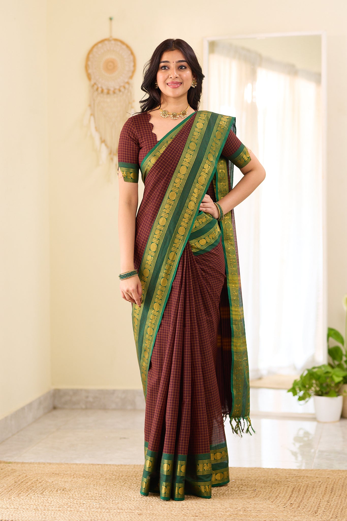 Deep Coffee Brown Checked Chettinad Cotton Saree