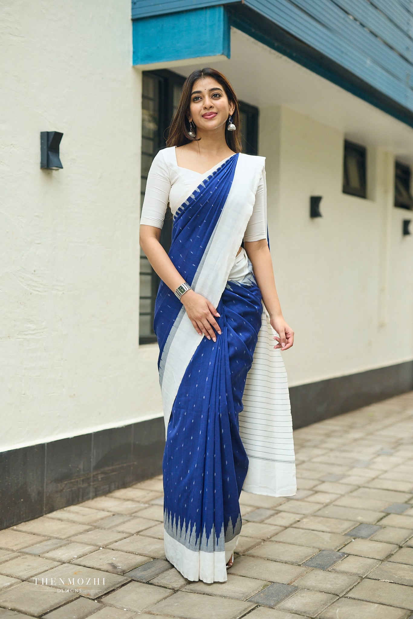 Deep Navy blue and Light Cream Ikkat Cotton Saree