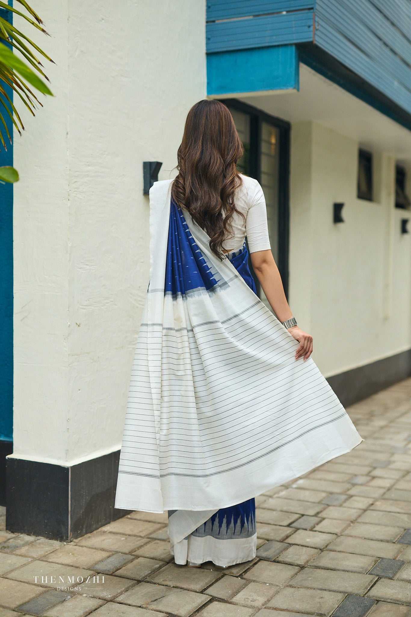 Deep Navy blue and Light Cream Ikkat Cotton Saree