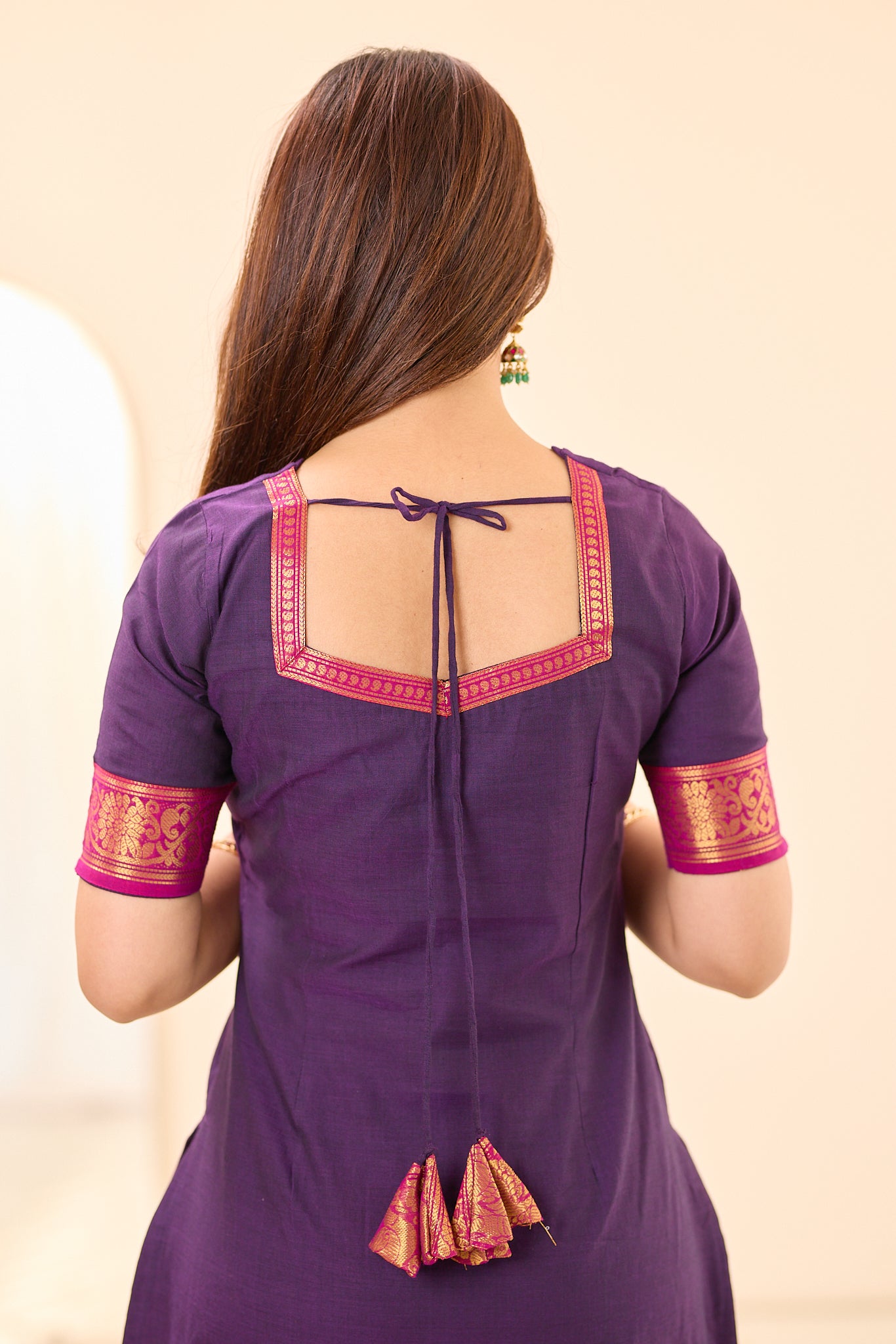 Deep Purple with Pink Zari Chettinad Cotton Top and Dupatta