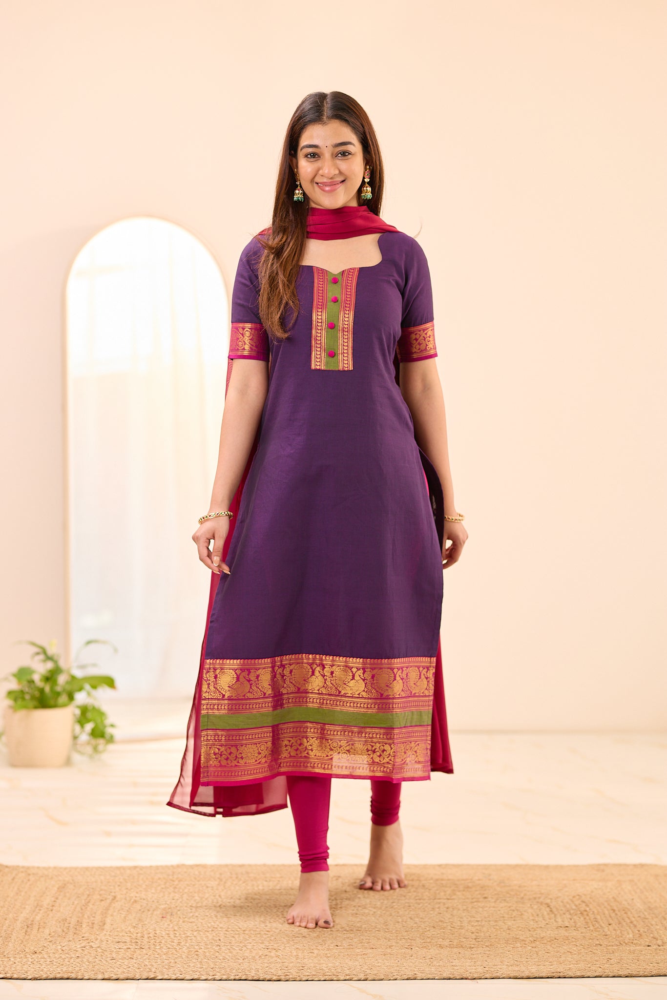 Deep Purple with Pink Zari Chettinad Cotton Top and Dupatta