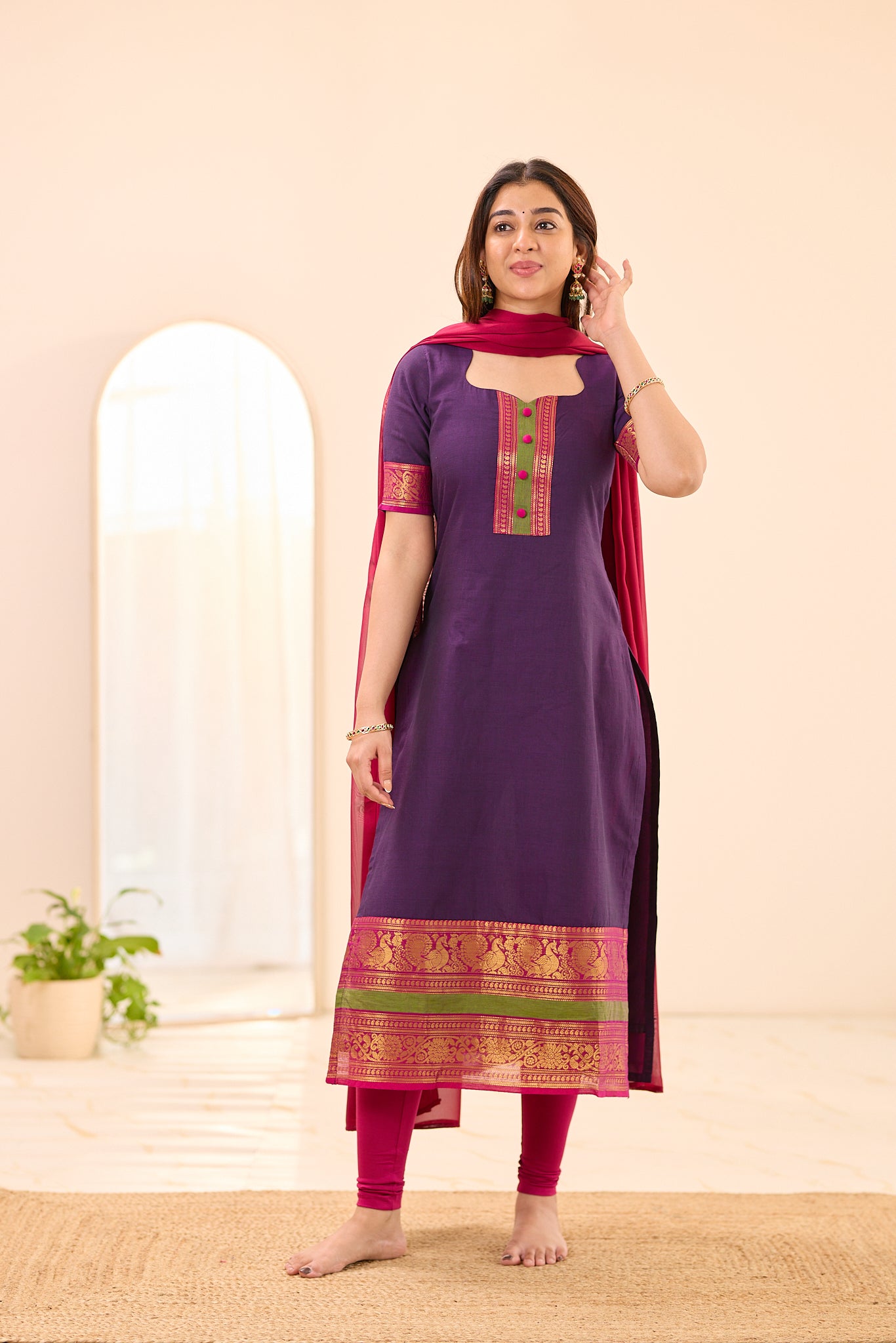 Deep Purple with Pink Zari Chettinad Cotton Top and Dupatta
