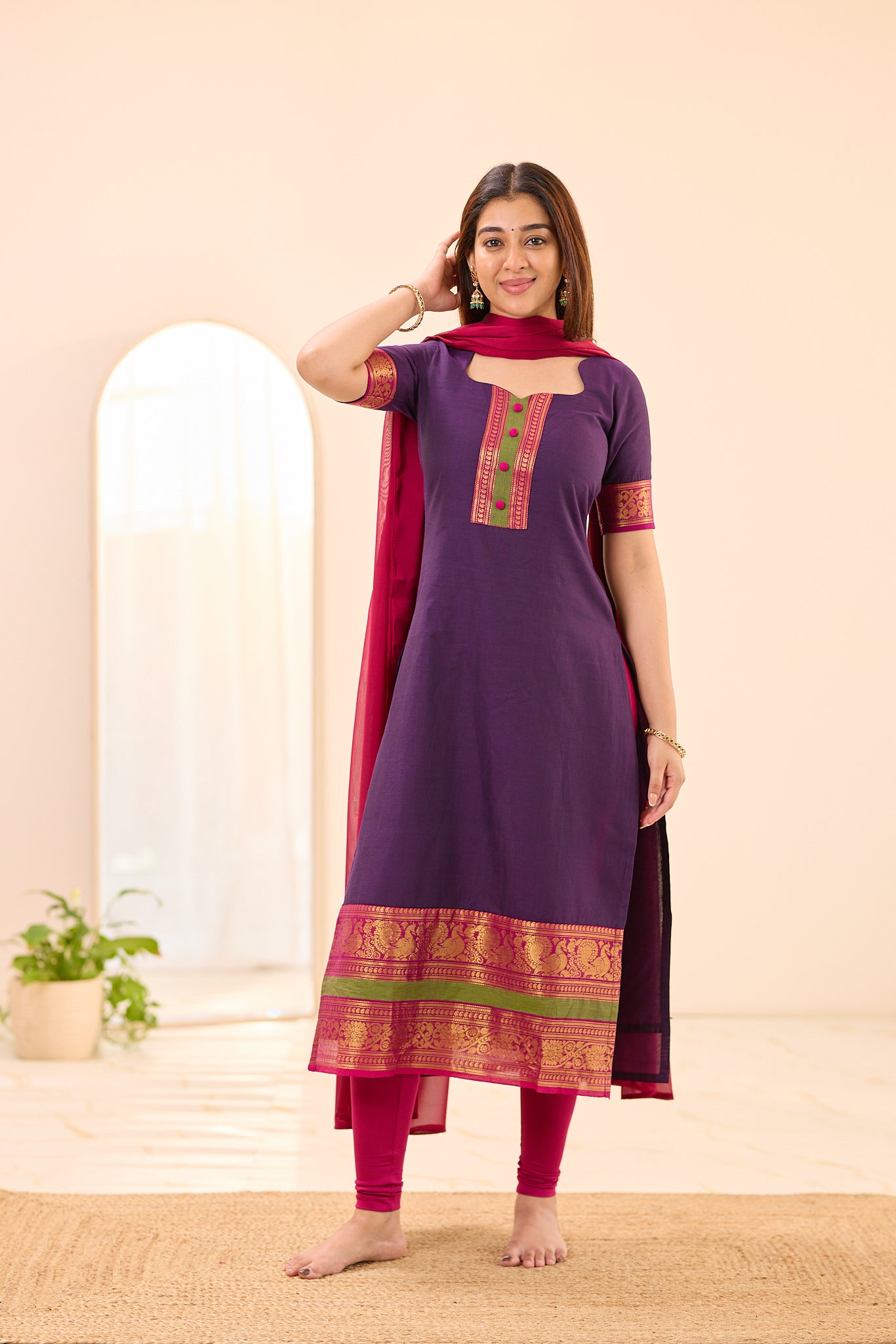 Deep Purple with Pink Zari Chettinad Cotton Top and Dupatta