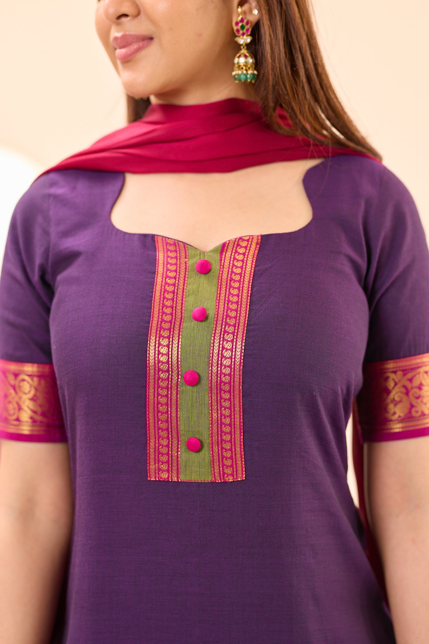 Deep Purple with Pink Zari Chettinad Cotton Top and Dupatta