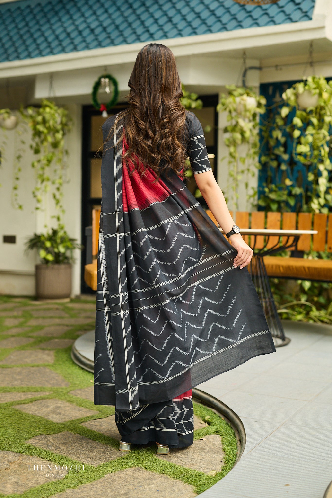Deep Red & Midnight Black Ikat Cotton Saree