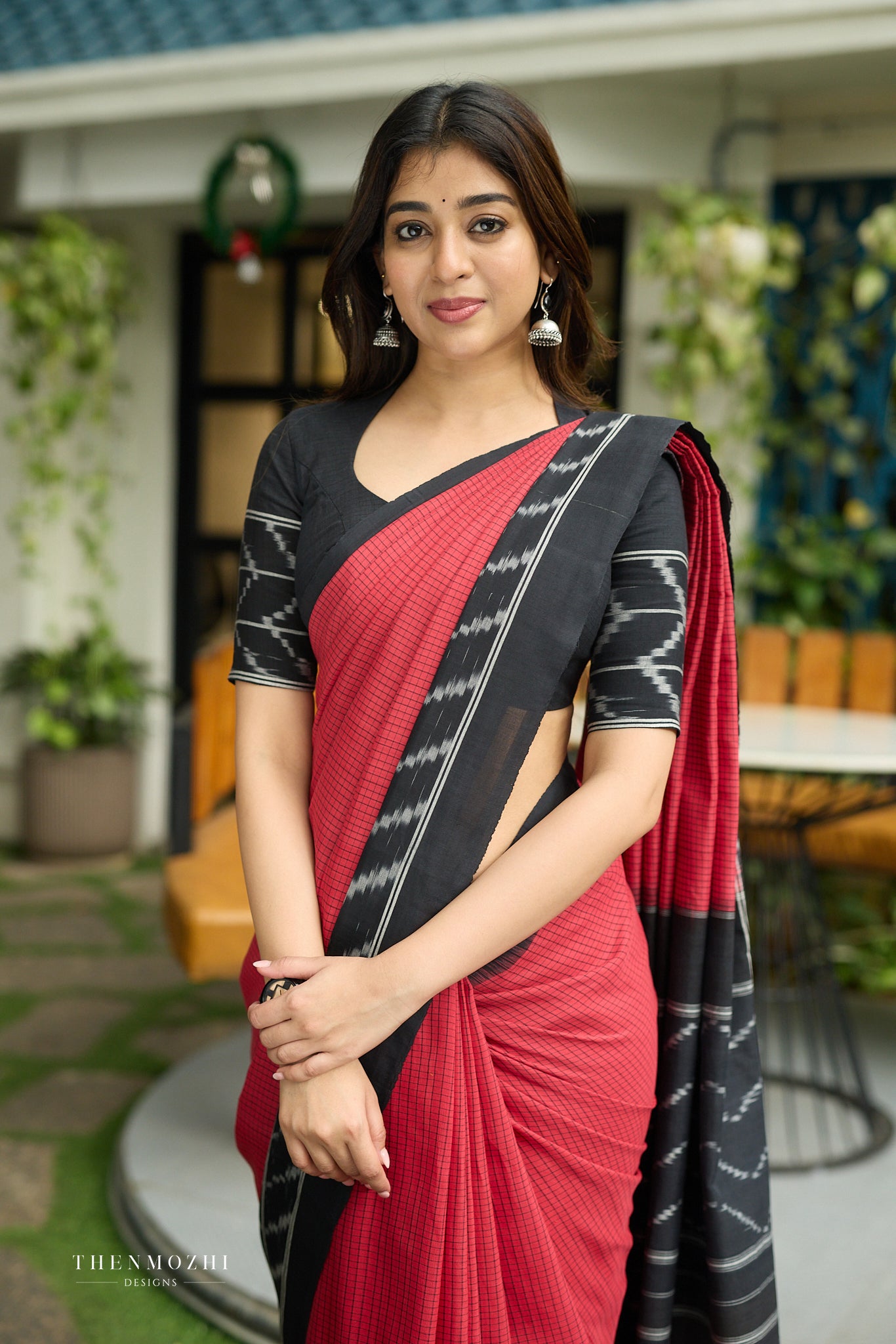 Deep Red & Midnight Black Ikat Cotton Saree